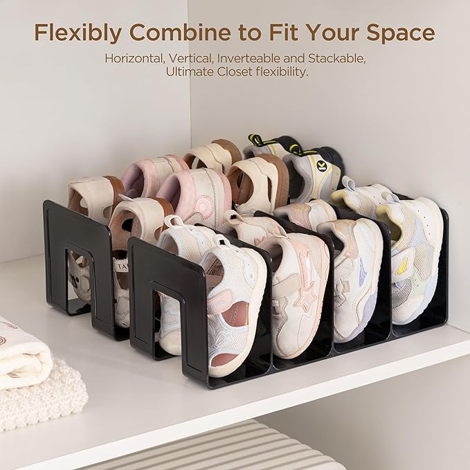 HBlife Black Acrylic Kids Shoe Rack for Closet Organizers and Storage, Small Shoe Rack 4 Sections Toddler Baby Shoe Storage Organizer Stackable Shoe Shelf,Desk File Sorter Book Purse Organizer(2 Pack)