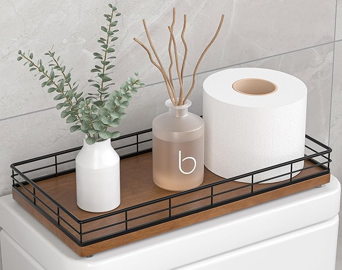 Toilet Paper Basket Organizer – Oak Wood Toilet Tank Tray with Metal Frame, Bathroom Counter Top Storage for Toilet Paper, Wipes & Decor, Modern Narrow Back of Tank Shelf Organizer, Black & Brown