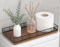 Toilet Paper Basket Organizer – Oak Wood Toilet Tank Tray with Metal Frame, Bathroom Counter Top Storage for Toilet Paper, Wipes & Decor, Modern Narrow Back of Tank Shelf Organizer, Black & Brown
