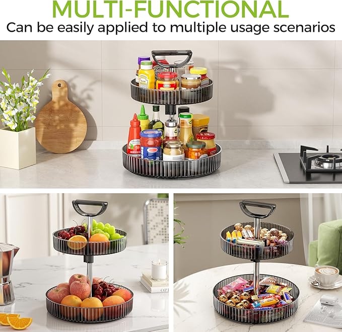 2-Tier Lazy Susan 360° Rotating Turntable Organizer Rack with Handles Height Adjustable, Spice Rack Holder Organizer for Cabinet, Pantry Organizers Bathroom Countertop Storage (Dark Gray)