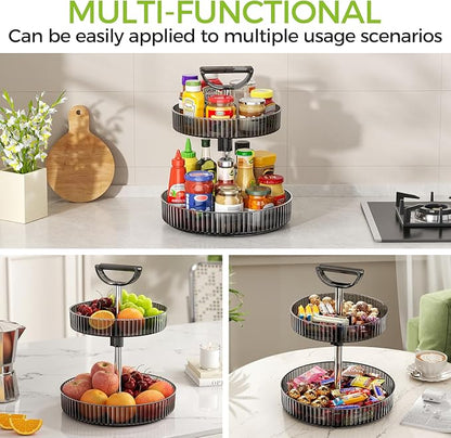 2-Tier Lazy Susan 360° Rotating Turntable Organizer Rack with Handles Height Adjustable, Spice Rack Holder Organizer for Cabinet, Pantry Organizers Bathroom Countertop Storage (Dark Gray)