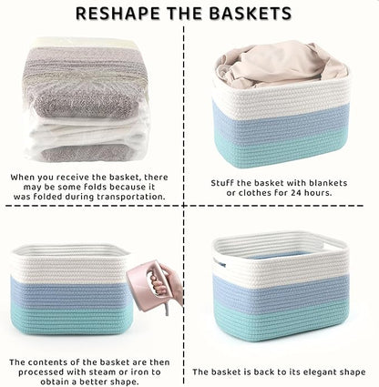 4 Pack Storage Baskets for Organizing, 12''Lx9''Wx8''H Woven Baskets for Storage Toys, Towels, Books, and Clothes, Cotton Rope Basket for Shelves with Handle White & Brown