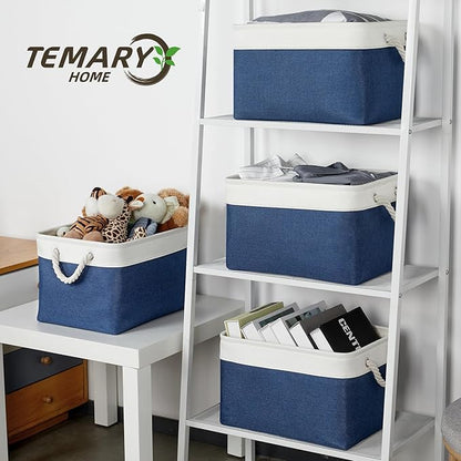 Temary Fabric Storage Baskets 4Pack Storage Bins Decorative Basket for Gift, Clothes Bin with Rope Handle, Rectangle Baskets for Storage, Blankets(White&Blue,15x11x9.5 inch)