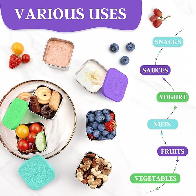 Qukaka Stainless Steel Snack Containers for Kids,7.2oz Easy Open Leak Proof Reusable Snack Box Container with Lids,Small Lunch Containers for Meal Prep,School,Picnic and Travel-3Pack