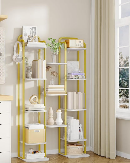 Hzuaneri 8 Tiers Vertical Shoe Rack, Narrow Shoe Tower, Tall Shoes Shelf with 2 Hooks, Adjustable Shelves, Corner Shoes Shelves for Small Spaces, Entryway, Living Room, White Gold SR04313A