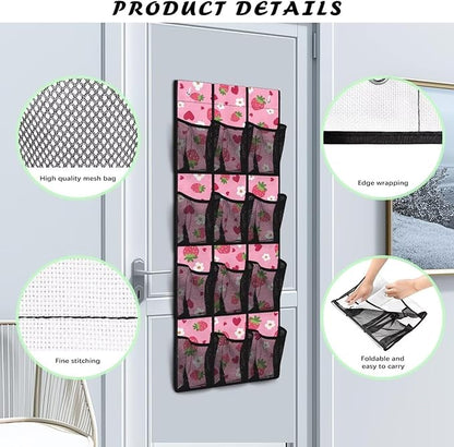 Strawberries Over The Door Shoe Organizer 12 Pockets Wall Hanging Storage Pink Over The Door Closet Organizer Large Capacity Shoe Holder Hanger for School