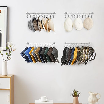 Hat Rack Wall Cap Organizer - Baseball Hat Racks Display Holder with 40 Hooks - Modern Metal Black Hats Storage Wall Mounted Caps Hanger Set of 4 for Closet Door Bedroom Entryway Laundry(Grey)