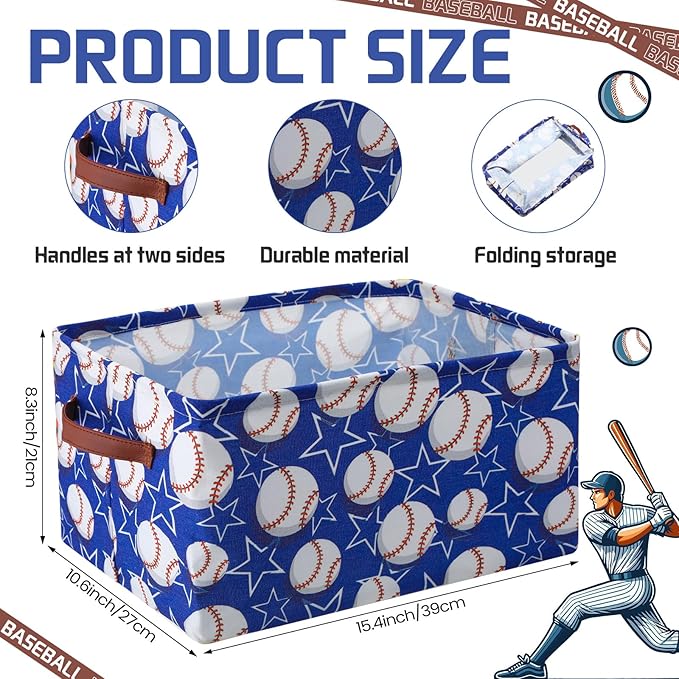 Boao 4 Pack Baseball Storage Baskets for Gifts Empty Collapsible Laundry Storage Bins with Handles Foldable Boxes for Home Bedroom Office Holiday Toy Clothes Containers