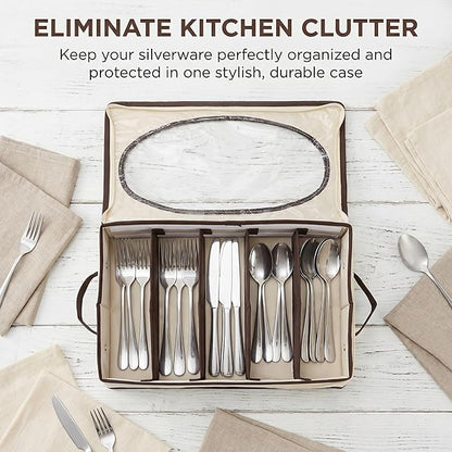 Hiceeden Silverware Organizer with Zipper Lid, 16.5"×10.6"×3.5" Flatware Storage Box with Adjustable Dividers and Handles, Portable Cutlery Holder Utensil Case for Spoon, Fork, Knife, 6 Compartment