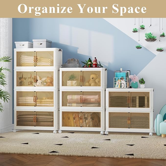 Storage Bins with Lid, 70 Gal/280 Qt Capacity, 3 Pack Large Stackable Storage Bins with Lid, White Collapsible Storage Bins with Wheels, Customizable, Foldable, for Home Office Organization
