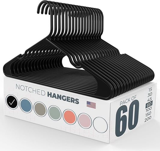 Plastic Hangers 50 Pack (60 Count) – Made in The USA – 6lb Capacity Standard Clothes Hangers with Notches and Reinforced Edges for Dresses, Lingerie, Shirts, Pants, and Jackets – Black