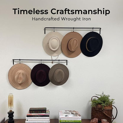 Wall Mounted Hat Display Rack, 35 inch Iron Rod with 6 Clips, Handcrafted, Antique Black