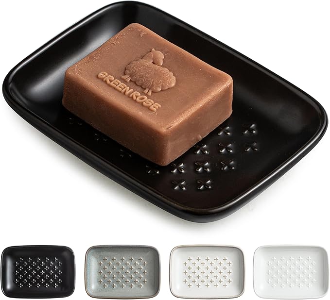 Gomakren Ceramic Soap Dish, Non-Slip Shower Soap Holder for Bathroom & Kitchen Sink, Soap Saver Tray for Bar Soap Sponge, 5.5 Inch, Black