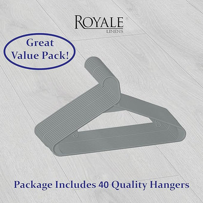 Royale Linens Plastic Hangers 40 Pack - Grey Clothes Hanger with Hooks – Heavy Duty Space Saving Coat Hangers Ideal for Everyday Use for Tops, Skirt, Dress, Shirts, Pants