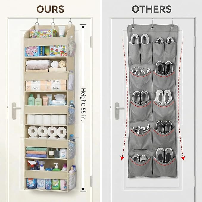 Over the Door Organizer with Toiletry Bag - 5 Shelf Hanging Organizer with 5 Large Pockets - Heavy Duty Storage for Bedroom, Bathroom, Pantry, Nursery (Beige)