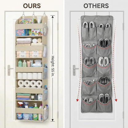 Over the Door Organizer with Toiletry Bag - 5 Shelf Hanging Organizer with 5 Large Pockets - Heavy Duty Storage for Bedroom, Bathroom, Pantry, Nursery (Beige)