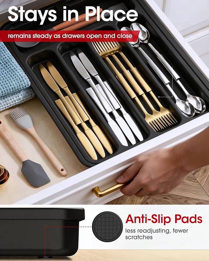Aujen Silverware Organizer - Expandable Kitchen Drawer Organizer, Adjustable Utensil Organizer, Cutlery Tray for Forks, Knives, Multipurpose Kitchen Organizers and Storage Solution, Black, Medium