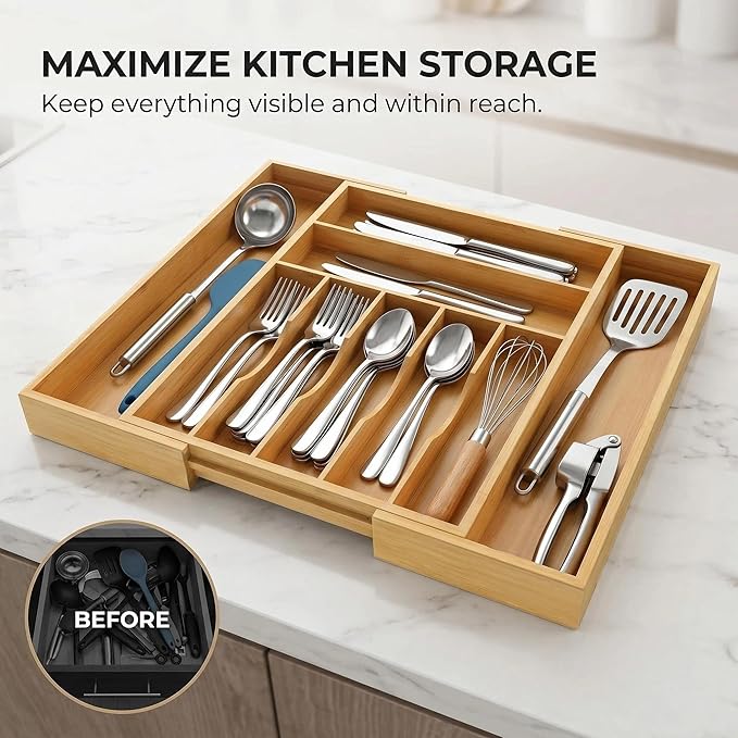 Expandable Bamboo Silverware Drawer Organizer - 20" Extra Wide Cutlery Tray with 9 Deep Compartments - 17.3" Length Large Utensil Holder & Kitchen Drawer Divider (Natural)