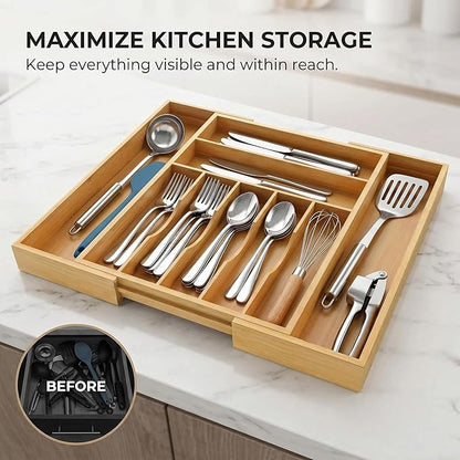 Expandable Bamboo Silverware Drawer Organizer - 20" Extra Wide Cutlery Tray with 9 Deep Compartments - 17.3" Length Large Utensil Holder & Kitchen Drawer Divider (Natural)