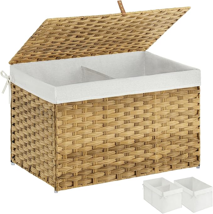 Greenstell Storage Basket with Lid, 105L Large Wicker Basket with Lid, Handwoven Blanket Storage Basket with Handles, Removable Cotton Liner, Metal Frame, Foldable for Bedroom, Laundry Room, Natural
