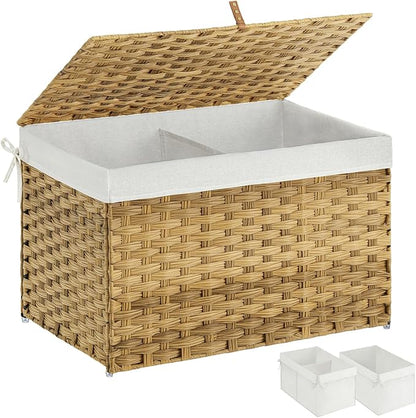 Greenstell Storage Basket with Lid, 105L Large Wicker Basket with Lid, Handwoven Blanket Storage Basket with Handles, Removable Cotton Liner, Metal Frame, Foldable for Bedroom, Laundry Room, Natural
