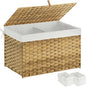 Greenstell Storage Basket with Lid, 105L Large Wicker Basket with Lid, Handwoven Blanket Storage Basket with Handles, Removable Cotton Liner, Metal Frame, Foldable for Bedroom, Laundry Room, Natural