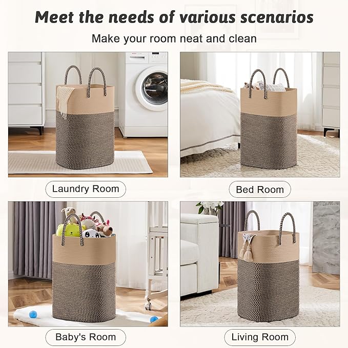 Laundry Basket,Woven Cotton Rope Laundry Hamper,Versatile Storage for Dirty Clothes,Baby Toys,and Blankets in Bathroom, Nursery,and Living Room (Jute, 60L)