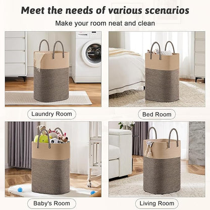 Laundry Basket,Woven Cotton Rope Laundry Hamper,Versatile Storage for Dirty Clothes,Baby Toys,and Blankets in Bathroom, Nursery,and Living Room (Jute, 80L)