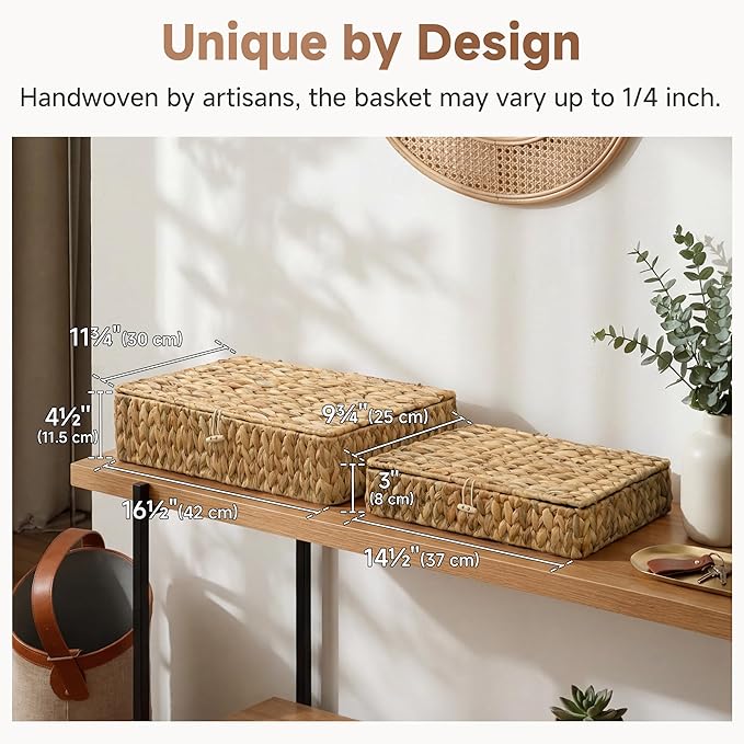 StorageWorks Wicker Basket with Lid, Flat Wicker Storage Bins with Lids, Large Storage Basket with Lid, Water Hyacinth Baskets for Shelves, Woven Baskets with Lids, Decorative Box