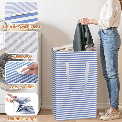 3 Pack Large Laundry Basket,Waterproof & Freestanding Laundry Hamper,Collapsible Clothes Hampers with Easy Carry Long & Reinforced Handles in Bathroom,College Dorm(88Lx3,Blue)
