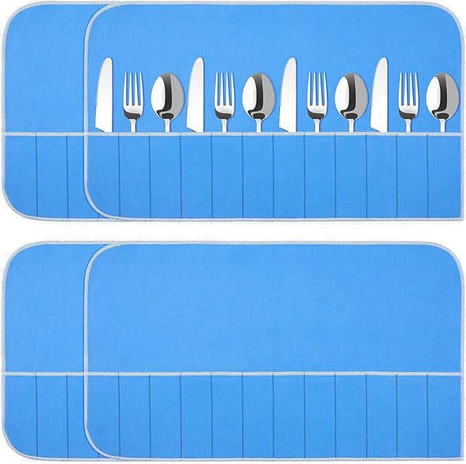 Saintrygo 4 Pieces Silver Storage Bags Anti Tarnish Silver Protector Bags Blue Holder for Silverware Flatware Storage Organizer Cloth Place Setting Roll with White Ribbon for Kitchen Utensils