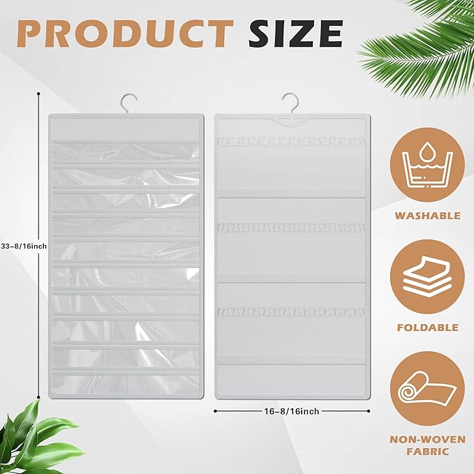 Hanging Jewelry Organizer Storage Roll, Double-Sided Necklaces Holder, 42 Pockets Plus 36 hooks Earrings Organizer Hang in Closet, On Wall, or Doors, White
