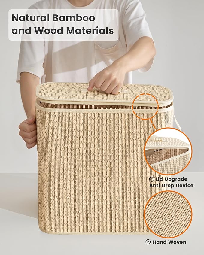 Bamboo Toilet Paper Storage Basket with Lid & Handle - 32L Large Capacity Handwoven Bathroom Organizer for 16 Rolls - Sturdy Stand Holder for Toilet Paper Organization, Light Natural