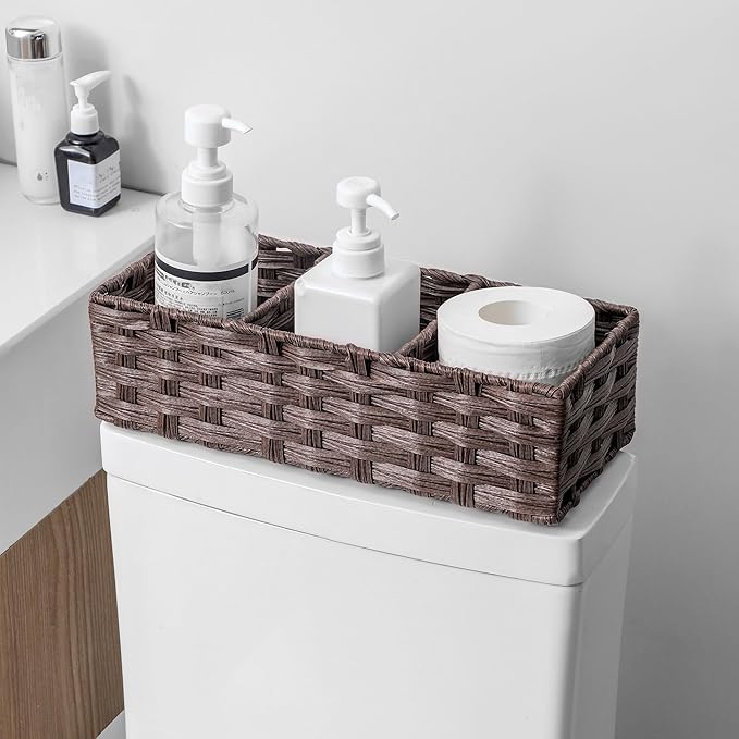 Toilet Tank Topper Paper Basket Multiuse Hand Woven Plastic Wicker Basket Bins with Divider for Shelves Rustic Farmhouse Bathroom Decor Countertop Organizer Storage