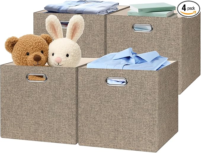 Posprica Collapsible Storage Bins,13×13 Foldable Storage Cube Boxes Fabric Drawer Fabric Storage Bins Vinyl Record Light Coffee, 4 Pack