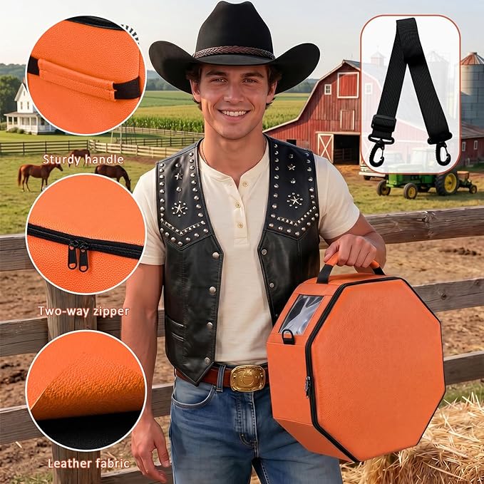 Vegan Leather Hat Box,Large Octagonal Hat Travel Fits 5 Cowboy or Wide-Brim Hats,Padded Hat Storage Organizer with Trolley Sleeve,Clear Window & Shoulder Strap,for Travel or Home Organization, Orange