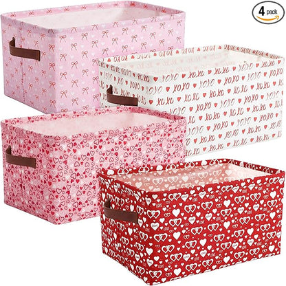 Boao 4 Pack Valentines Day Storage Baskets for Gifts Empty Collapsible Valentines Laundry Storage Bins with Handles Decorative Shelf Baskets Boxes for Home Bedroom Office Clothes Toys Containers