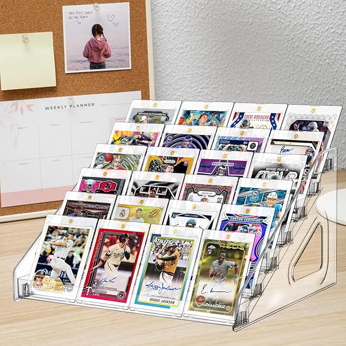 2 Pack 7 Tier Acrylic Card Display Stand, Versatile Display for Trading Cards,Greeting Card Display Stand,Portable Display Rack Holder for Graded Cards, PSA Cards,Sports, Business Cards