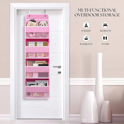 TYMENSH Over The Door Hanging Organizer with 4 Large Pockets – Closet, Bathroom, Nursery, Bedroom, Dorm Storage for Toys, Cosmetics, and Baby Essentials, Pink