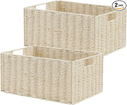 Vagusicc Wicker Storage Basket, Set of 2 Hand-Woven Paper Rope Wicker Basket, Small Storage Baskets for Organizing Toilet Paper Basket, Foldable Large Cube Storage Organizer Bins for Shelves (Beige)