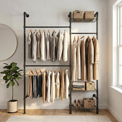 Wall Mounted Closet System – Adjustable Clothing Rack with 2 Expandable Rods & 3 Shelves, Heavy Duty Industrial Pipe Clothes Rack for Closet Organizer and Storage, Black