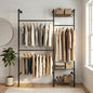 Wall Mounted Closet System – Adjustable Clothing Rack with 2 Expandable Rods & 3 Shelves, Heavy Duty Industrial Pipe Clothes Rack for Closet Organizer and Storage, Black