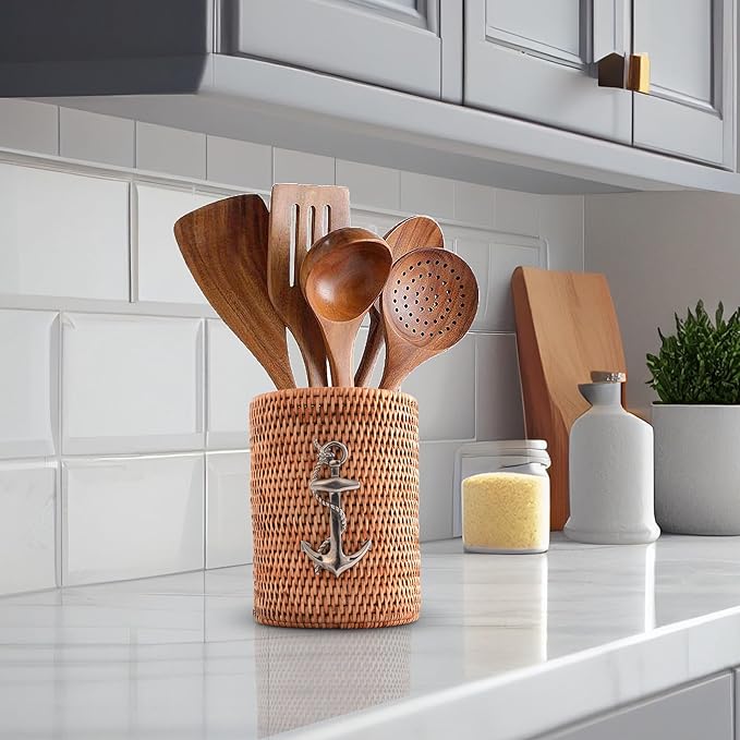 Vagabond House Utensil Holder - Large, Durable, Eco-Friendly Wicker Rattan Crock with Pewter Anchor - Versatile Kitchen Organizer, Perfect for Coastal Kitchen, Beach Themed Office - Boho Decor 8 Inch