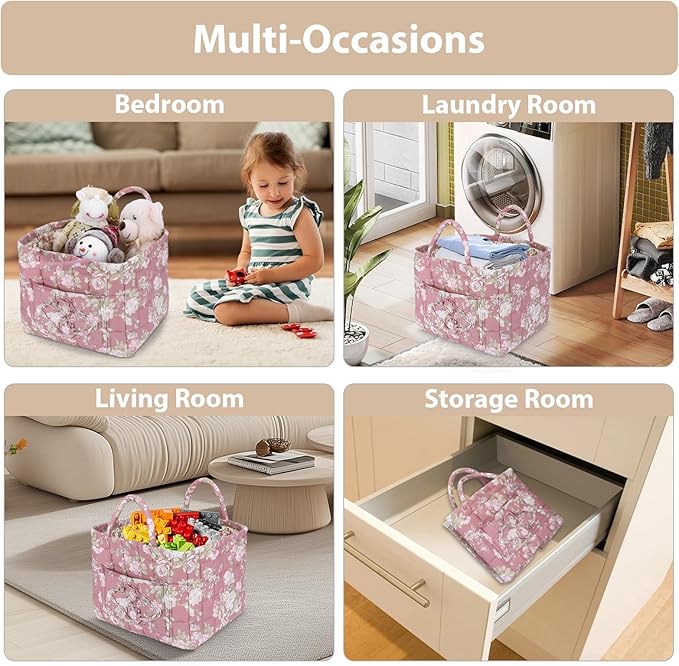 Storage Basket Boho Fabric Large Collapsible Floral Laundry Nursery Hamper Portable Folding Storage for Clothes Toys (Pink)