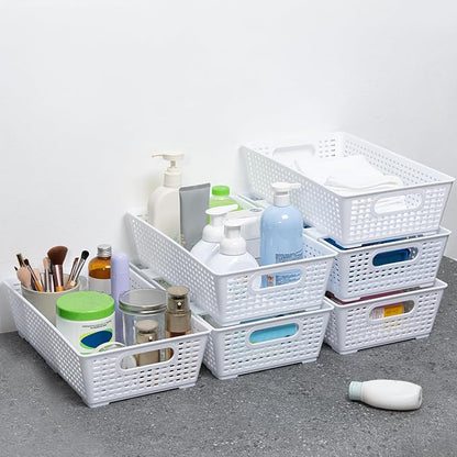 Tiawudi Stackable Woven Plastic Basket, Storage Bins for Cabinet, Closet, Shelf, Under Sink and Countertop, Pantry Organizer Bins, 6 Pack