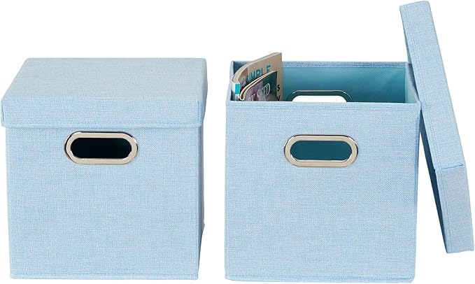 Household Essentials 816-1 Café Cube Bin Storage Set with Lids and Handles | 2 Pack, Baby Blue Linen
