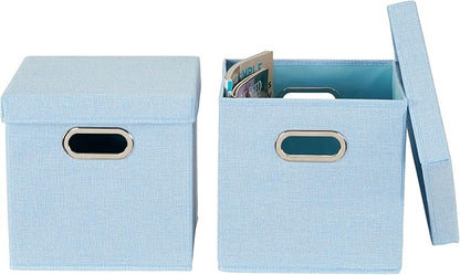 Household Essentials 816-1 Café Cube Bin Storage Set with Lids and Handles | 2 Pack, Baby Blue Linen