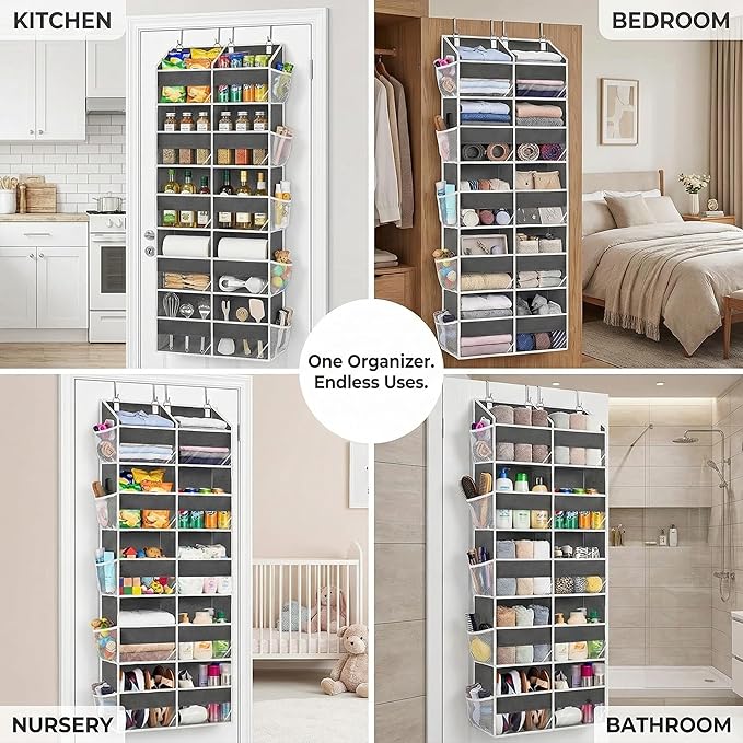 Dual Column Over the Door Organizer with Toiletry Bag - 5 Self Hanging Organizer with 10 Compartments - Heavy Duty Behind the Door Storage for Bedroom, Bathroom, Pantry, Nursery (Grey)