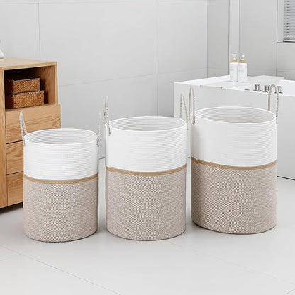Laundry Basket Hamper Tall Rope Storage Woven for Blanket toys Dirty Clothes in Living Room Bathroom Bedroom (Blend White & Camel, 60L/15.8Gal)