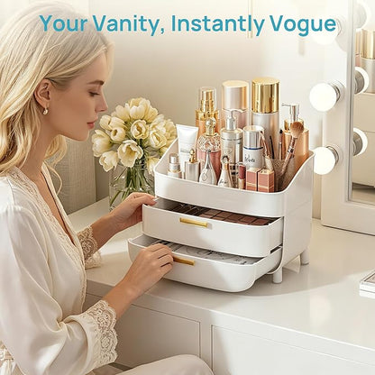 Vtopmart 3-Tier Skincare Makeup Organizer with Drawers for Vanity and Bathroom Countertop, Large Cosmetic Storage Box Case for Dresser, with Non-Slip Base